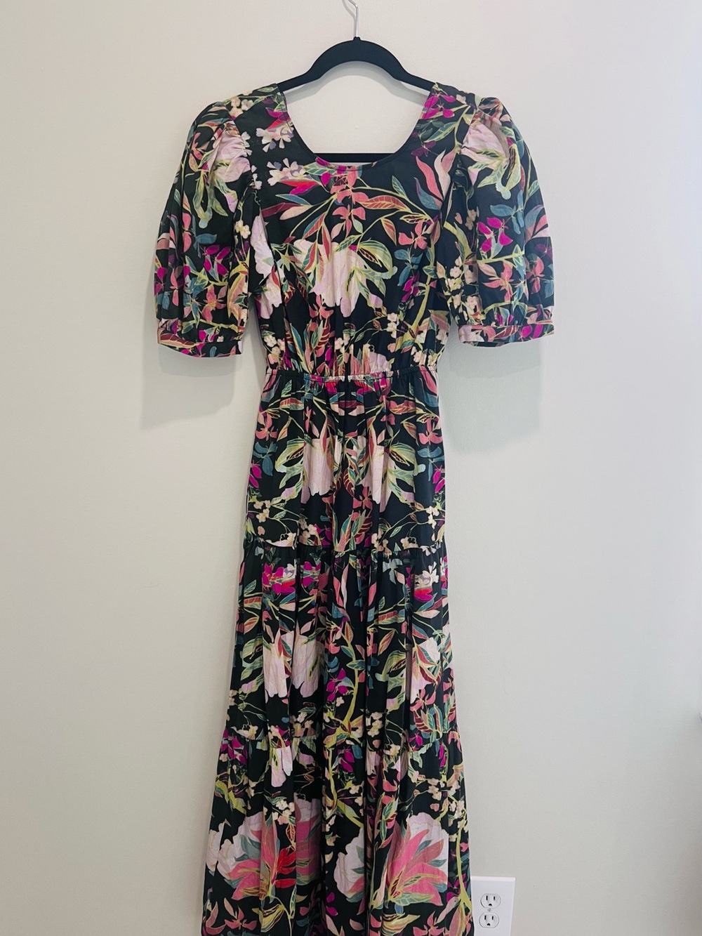Anthropologie Black Floral Maxi Dress with Pink and Green Accents